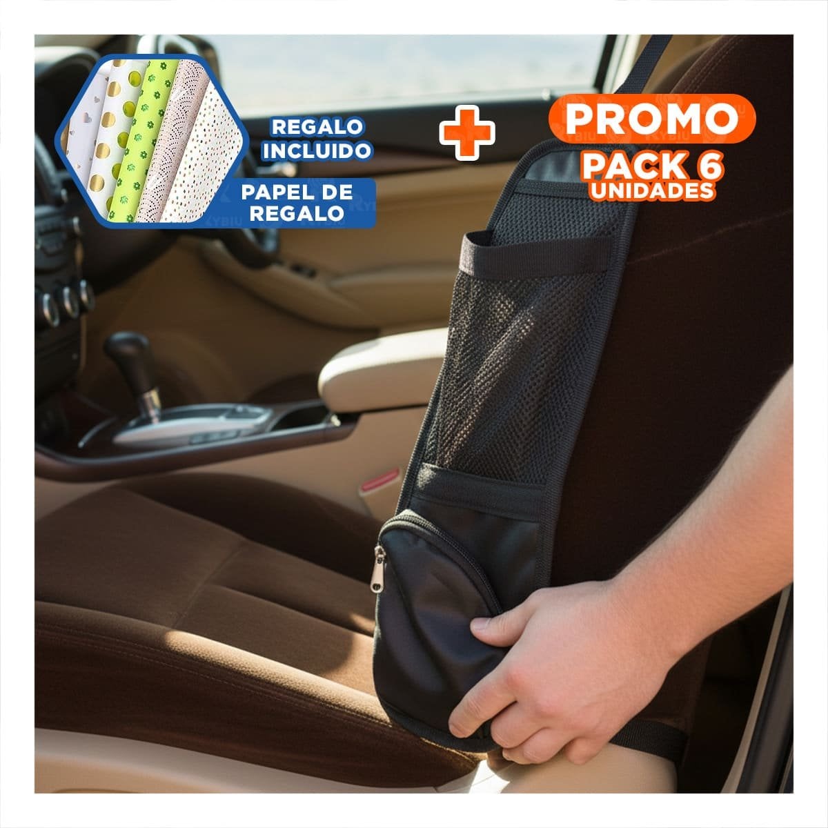 PACK6 BASE ORGANIZADORA DE ASIENTO DE AUTO NEGRO CON COMPARTIMENTOS Y+PAPEL REGALO - 1
