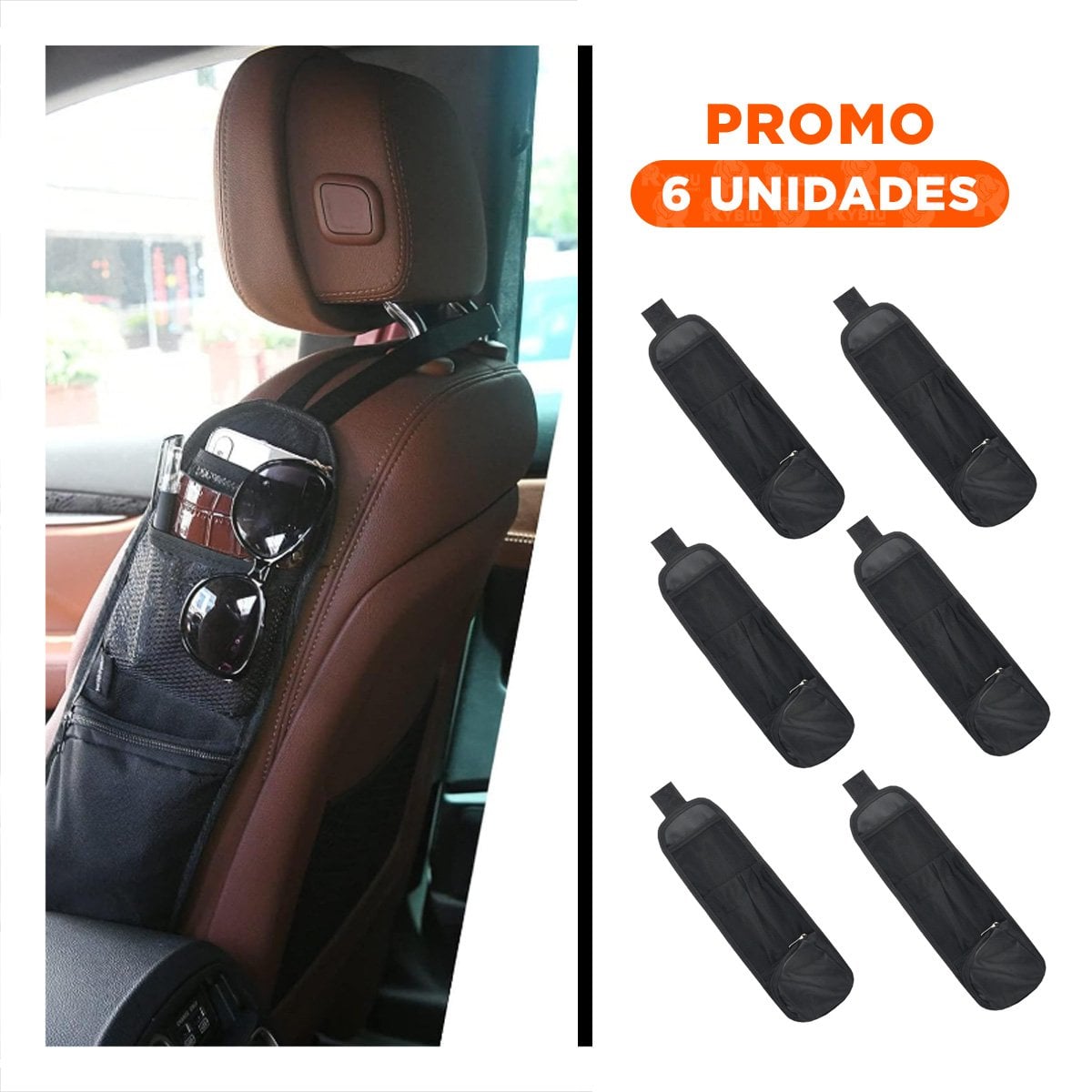 PACK6 ESTUCHE LATERAL PARA ASIENTO DE AUTO NEGRO CON GRAN CAPACIDAD - 1