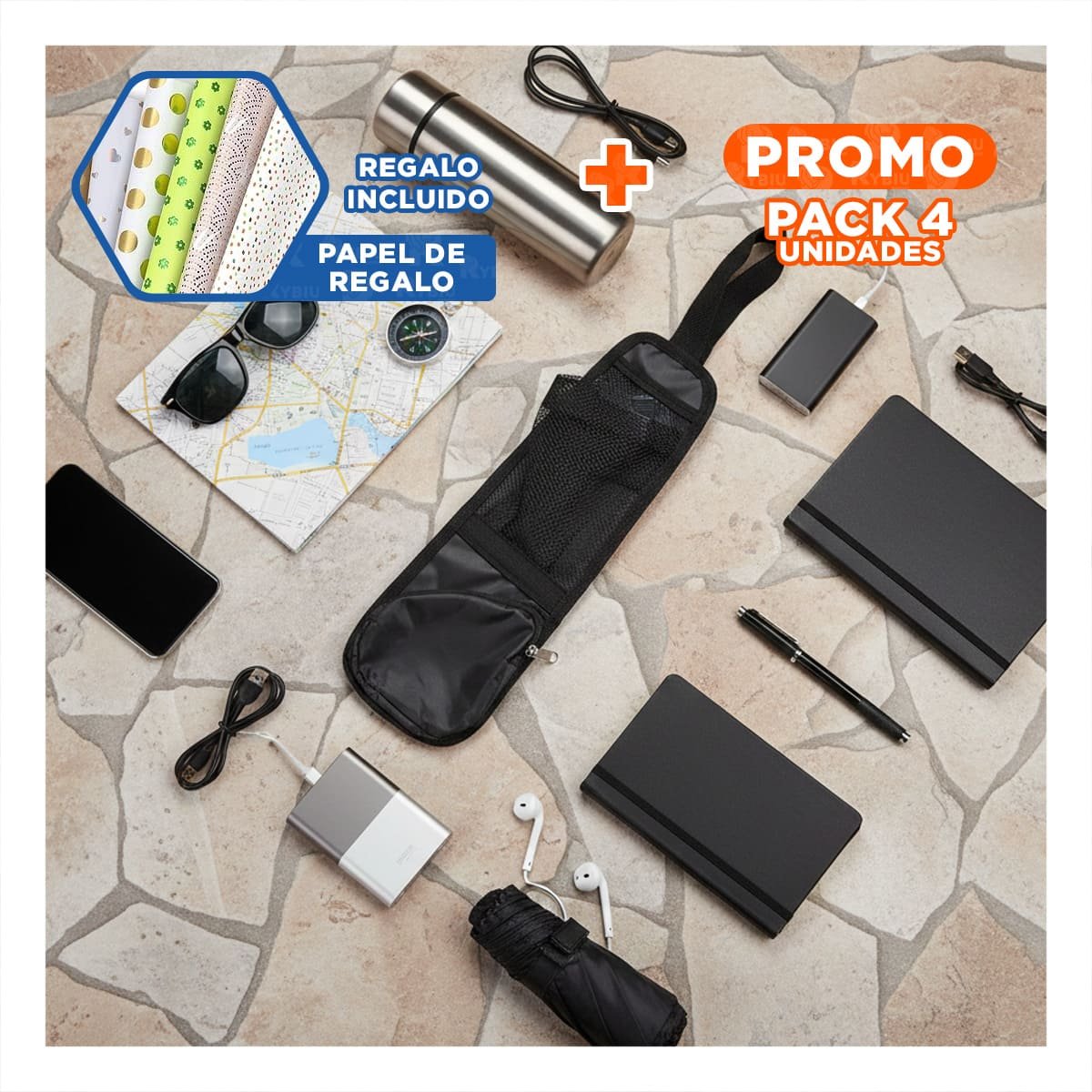 PACK4 MODULO DE ALMACENAMIENTO PARA ASIENTO DE AUTO NEGRO CON AJUSTE Y+PAPEL REGALO - 1