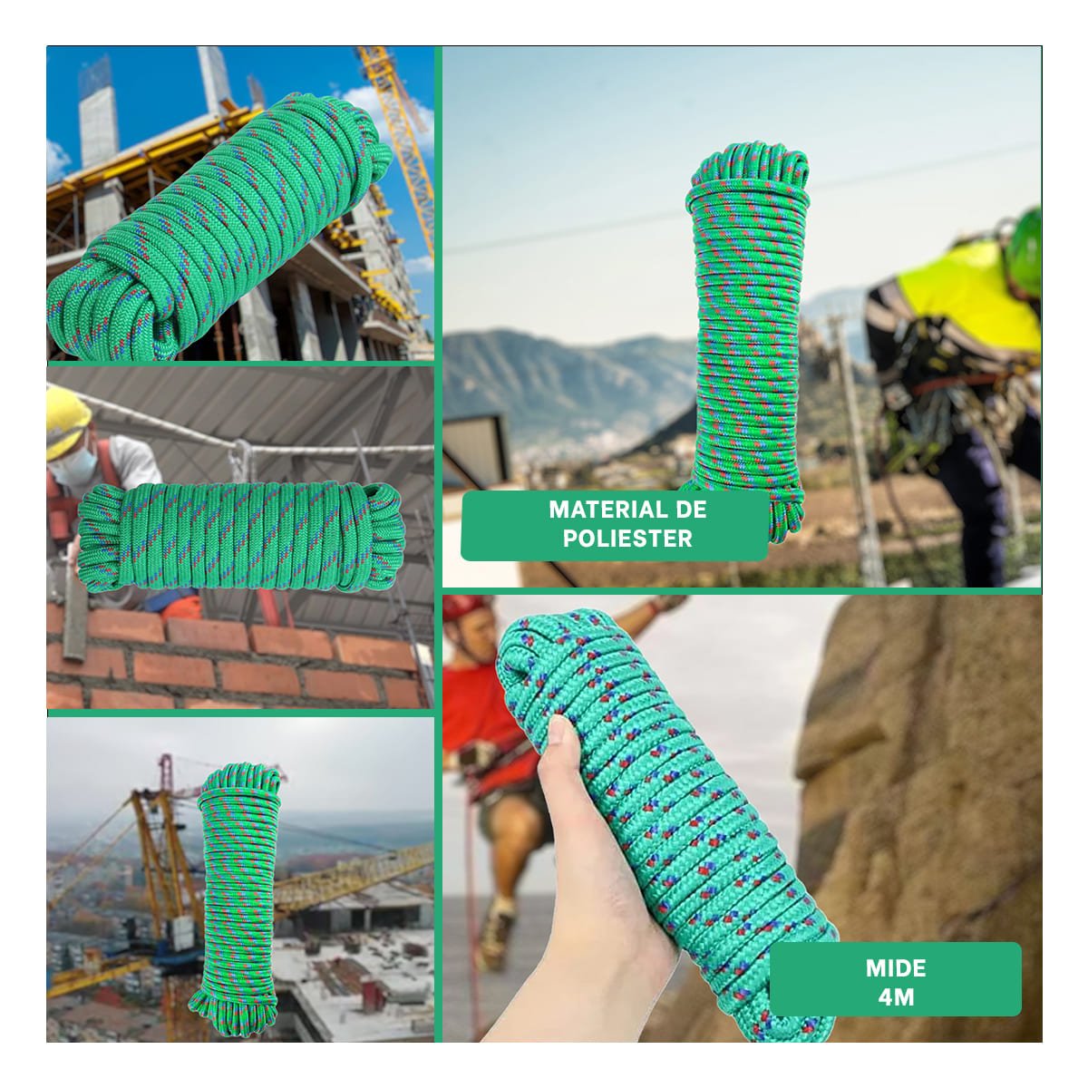 CUERDA 4M X 4CM VERDE MULTIUSO PARA AMARRE EN CAMPING Y CASA Y+LIGAS REGALO - 5