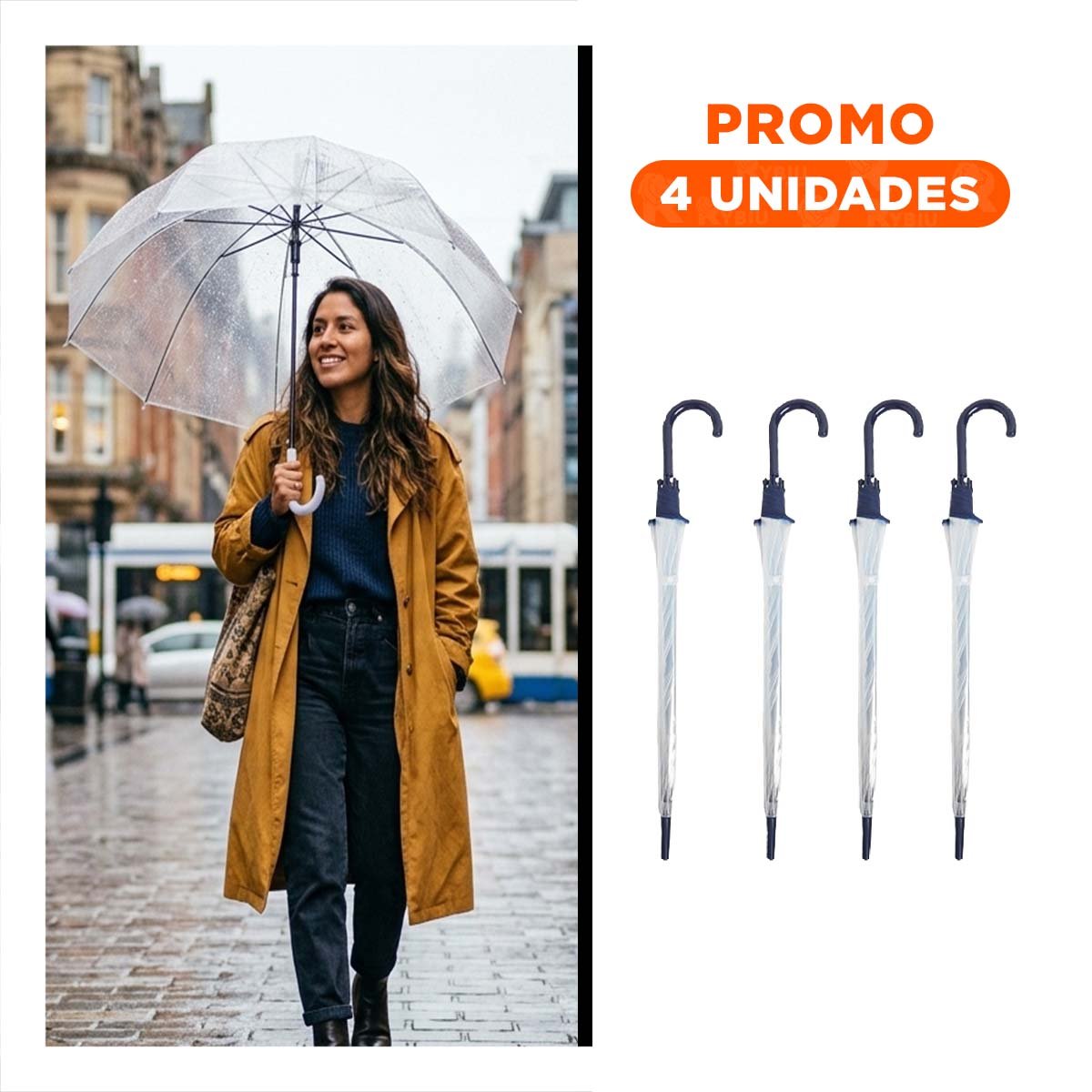 PACK4 PARASOL ELEGANTE TRANSPARENTE CON MANGO LARGO Y MARCO AZUL Y+REGALO STICKER - 1