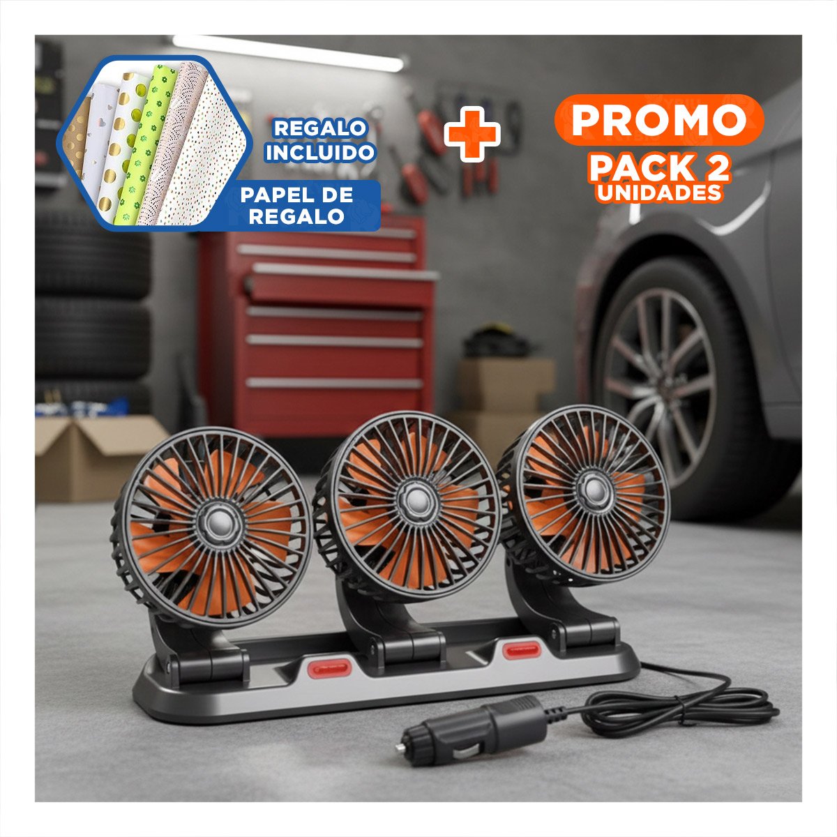 PACK2 VENTILADOR INTERIOR PARA AUTO 3 CABEZALES NEGRO POTENTE Y SILENCIOSO Y+PAPEL REGALO - 1