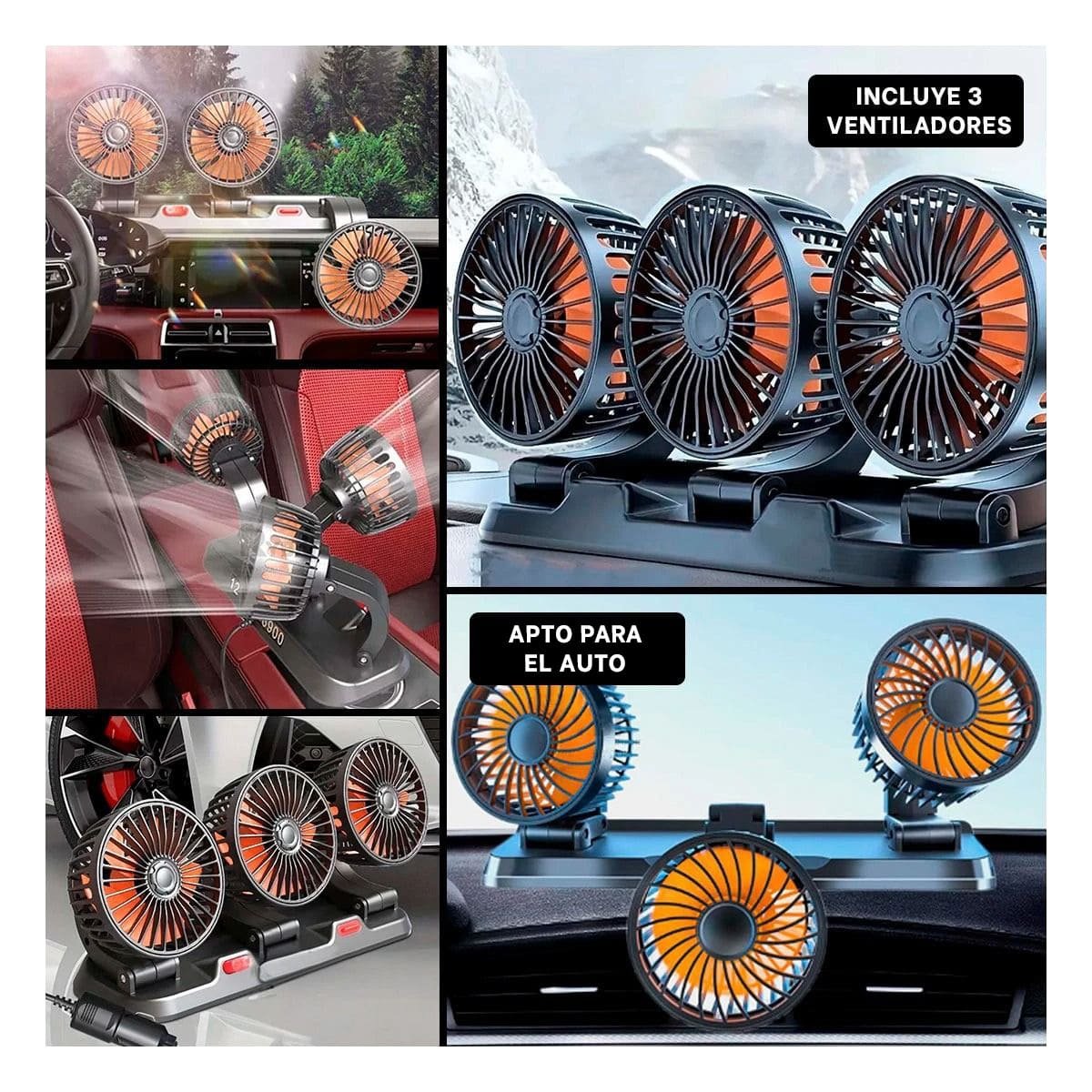 PACK2 VENTILADOR INTERIOR PARA AUTO 3 CABEZALES NEGRO POTENTE Y SILENCIOSO Y+PAPEL REGALO - 3