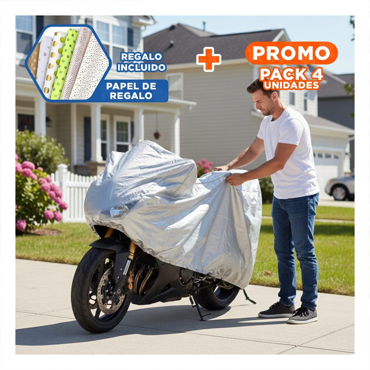PACK4 COBERTORES AJUSTABLES PARA MOTO PARA EXTERIOR Y+PAPEL REGALO - 1