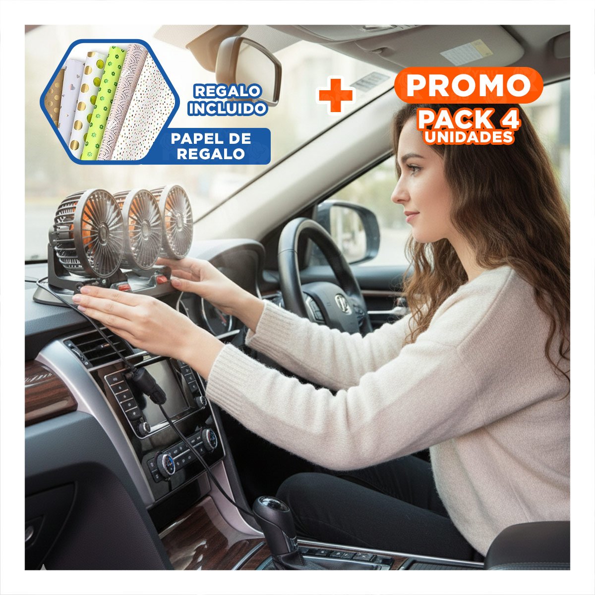 PACK4 ENFRIADOR INTERIOR PARA AUTO 3 CABEZALES NEGRO CON SOPORTE FIRME Y+PAPEL REGALO - 1
