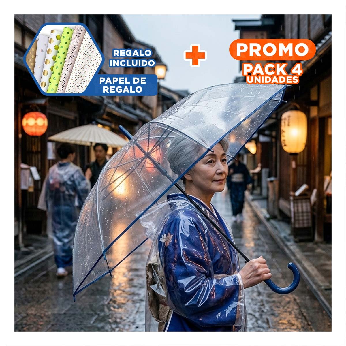 PACK4 SOMBRILLA LARGA TRANSPARENTE CON MANGO FIRME Y VIVO AZUL Y+PAPEL REGALO - 1