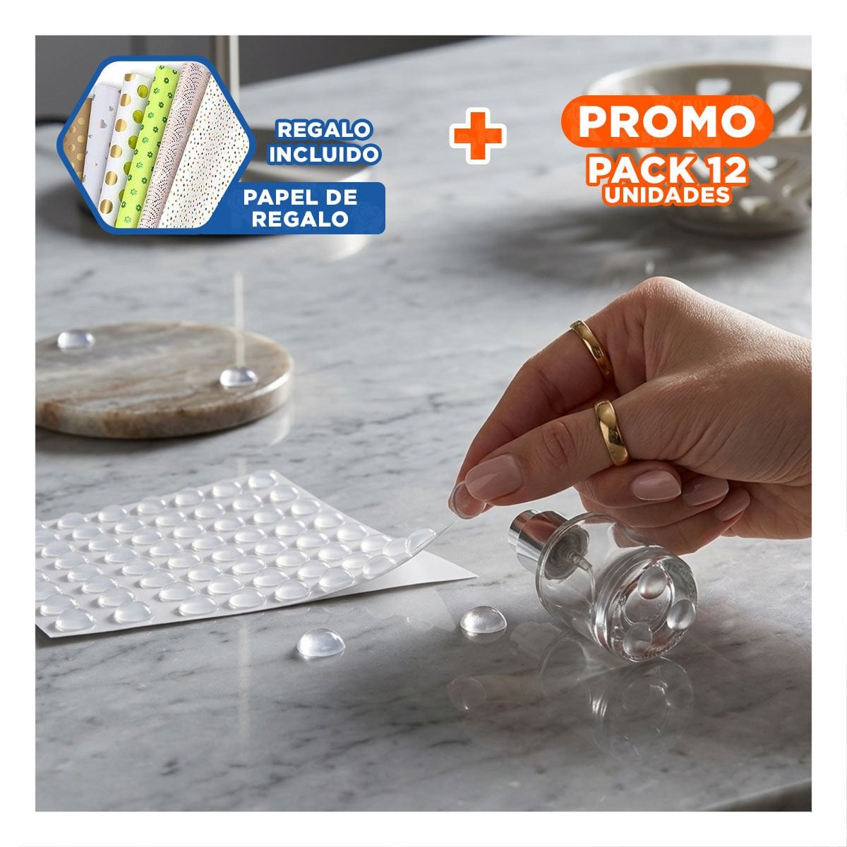 PACK12 TAPONES AUTOADHESIVOS 100 PIEZAS DE SILICONA TRANSPARENTE CASA Y+PAPEL REGALO - 1