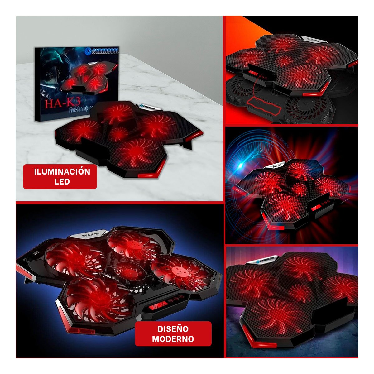 COOLER GAMING PARA LAPTOP 5 VENTILADORES FLEXIBLE Y EFICIENTE COLOR NEGRO Y+POST IT - 5