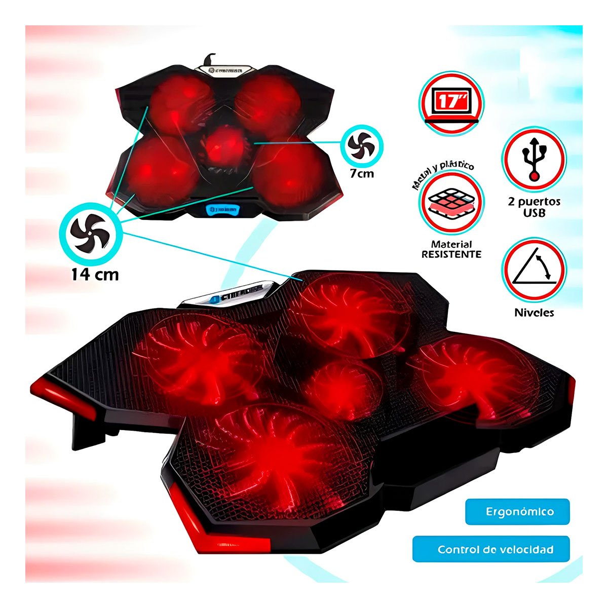 PACK4 COOLER GAMING PARA LAPTOP 5 VENTILADORES RESISTENTE Y PORTÁTIL NEGRO - 2