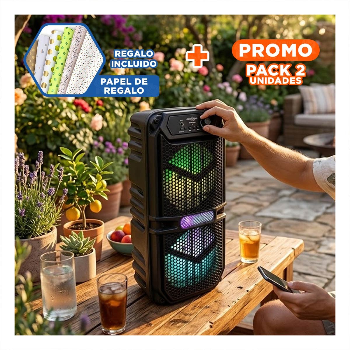 PACK2 BOCINA INALAMBRICA COLOR NEGRO 6,5 PULGADAS CON SONIDO CLARO Y+PAPEL REGALO - 1