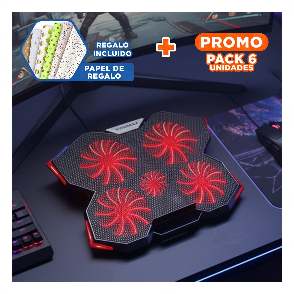PACK6 ENFRIADOR PARA LAPTOP 5 VENTILADORES LIGERO Y DURABLE NEGRO Y+PAPEL REGALO - 1