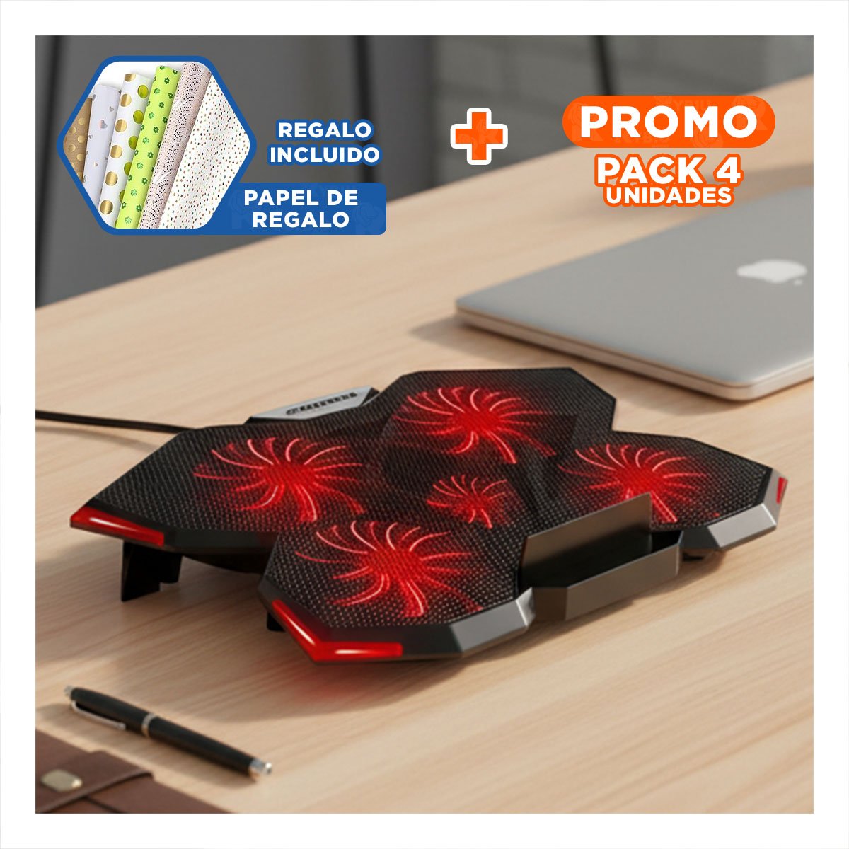 PACK4 ENFRIADOR PARA LAPTOP 5 VENTILADORES DELGADO Y POTENTE COLOR NEGRO Y+PAPEL REGALO - 1