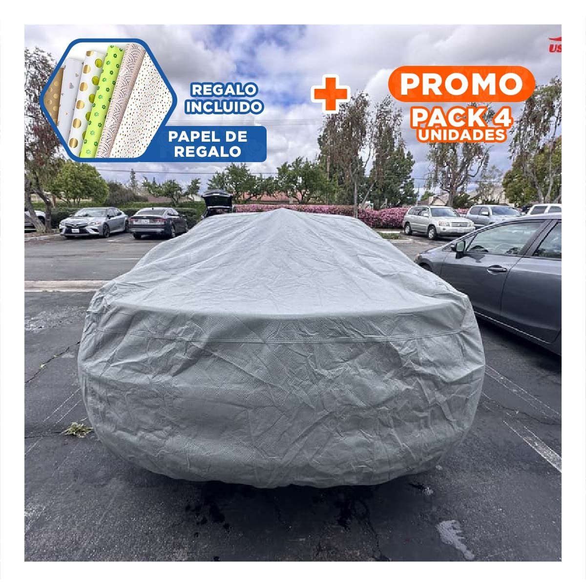 PACK4 COBERTURA EXTERIOR XL 540X175X120CM GRIS PROTECTOR DE AUTO Y+PAPEL REGALO - 1