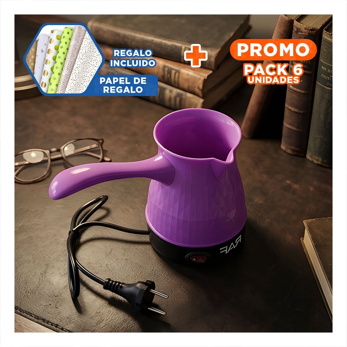 PACK6 APARATO POTENTE DE ACERO INOXIDABLE 500ML MORADO TURCO CON PLASTICO Y+PAPEL REGALO - 1