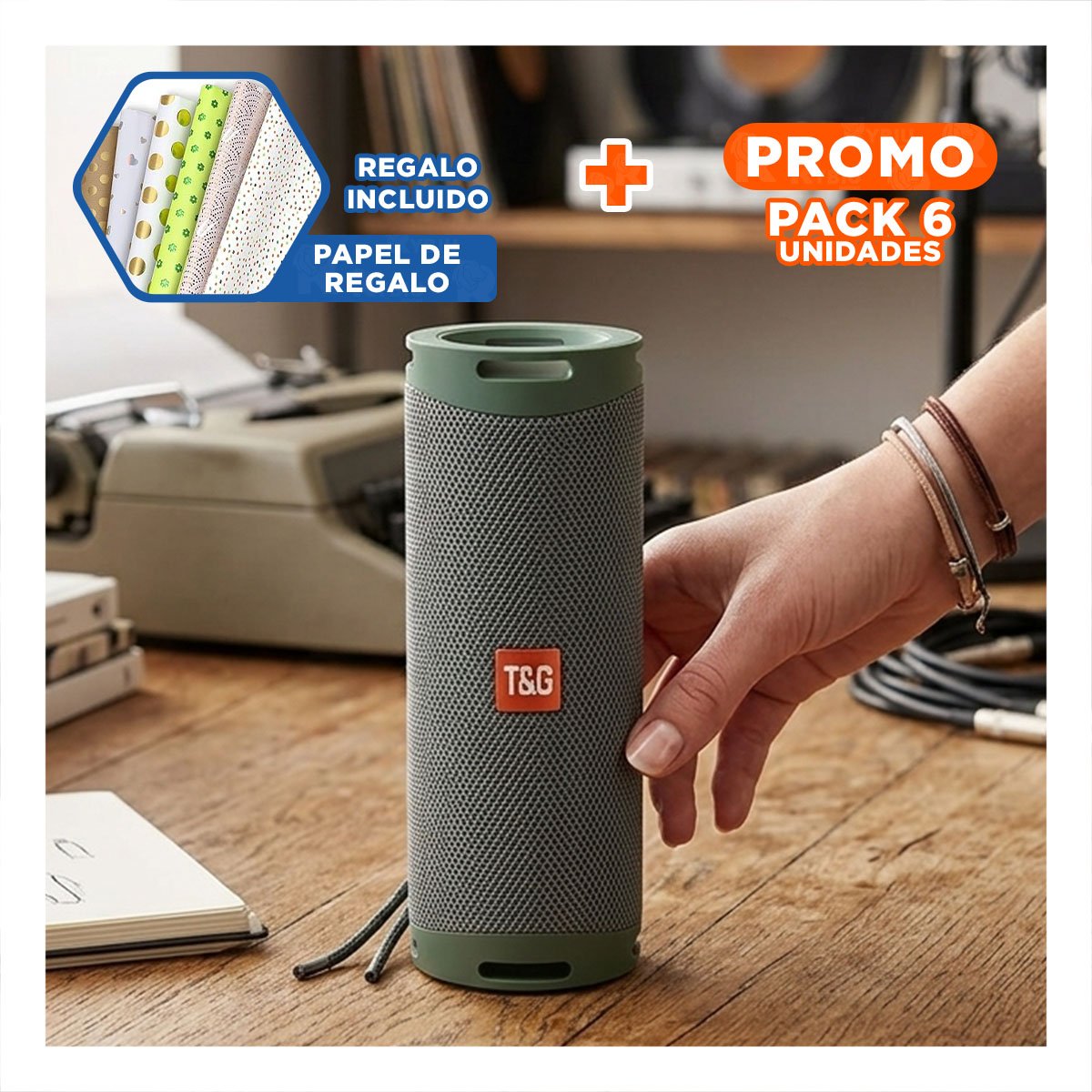 PACK6 ALTAVOZ MOVIL VERDE MILITAR CON SONIDO NITIDO Y+PAPEL REGALO - 1
