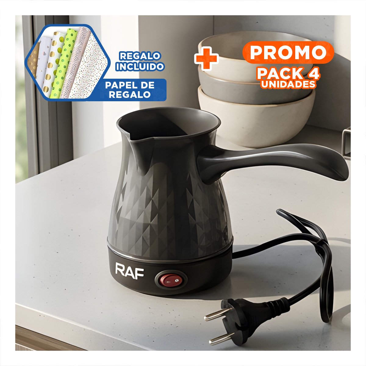 PACK4 TETERA TURCA DE 500ML NEGRO CON PLASTICO Y ACERO INOXIDABLE DE ALTA GAMA Y+PAPEL REGALO - 1