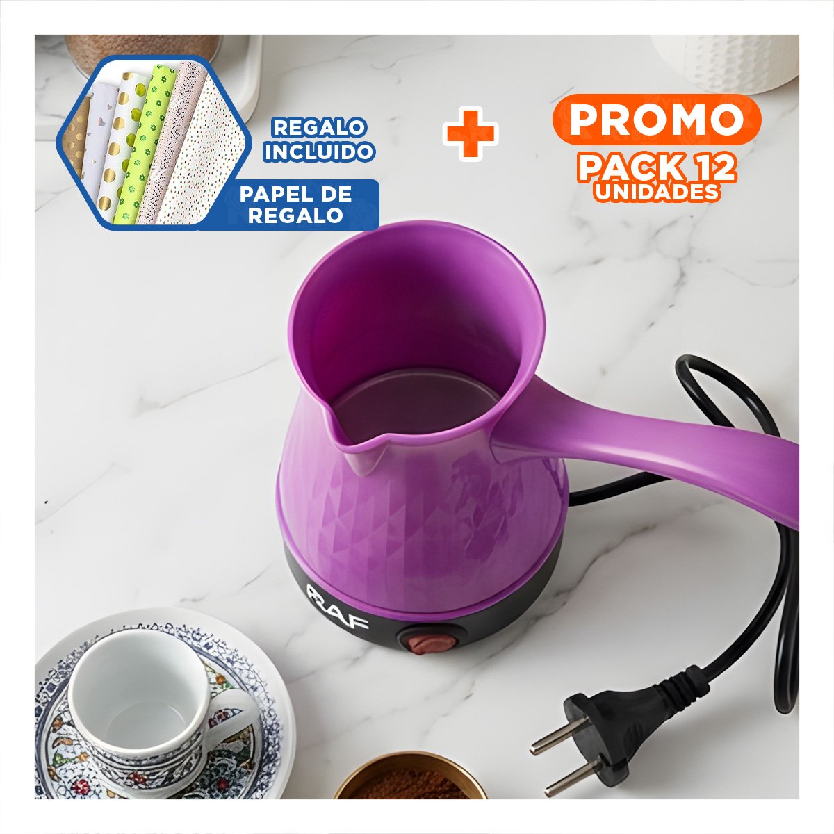 PACK12 PREPARADOR DE CHOCOLATE 500ML MORADO TURCO CON PLASTICO E INOXIDABLE Y+PAPEL REGALO - 1
