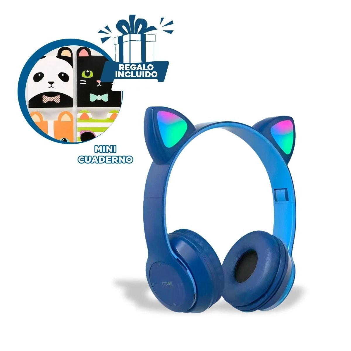 PACK2 HEADSET TIPO GATO CON LUCES COLOR AZUL PARA OFICINA Y JUEGOS Y+PAPEL REGALO - 5