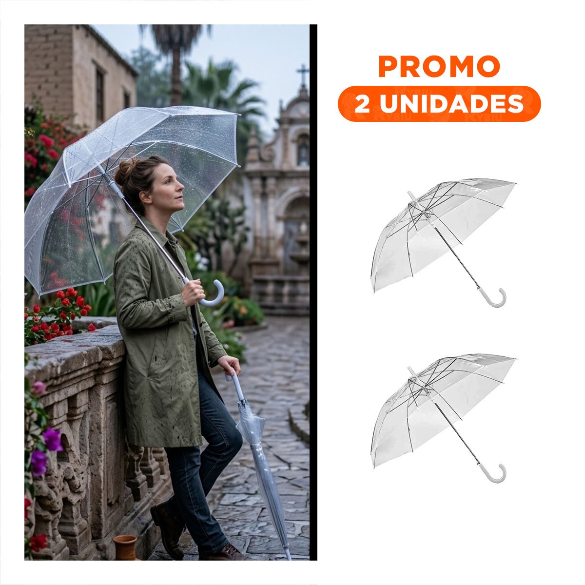 PACK2 PARASOL ANTIVIENTO TRANSPARENTE CON MANGO LARGO Y MARCO NEGRO - 1