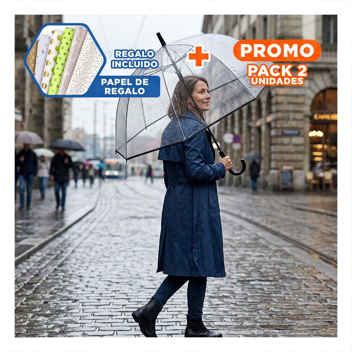 PACK2 PROTECTOR PRACTICO CON MANGO LARGO TRANSPARENTE CON BORDE NEGRO MODERNO Y+PAPEL REGALO - 1