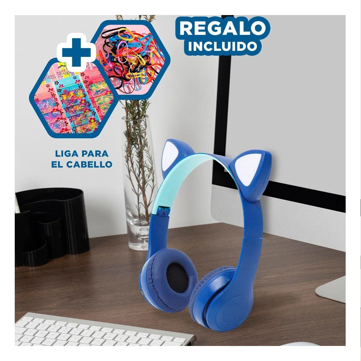 PACK2 AURICULARES TIPO GATO CON LUCES PARA TRABAJO DIARIO Y COMPUTADORA COLOR AZUL - 1