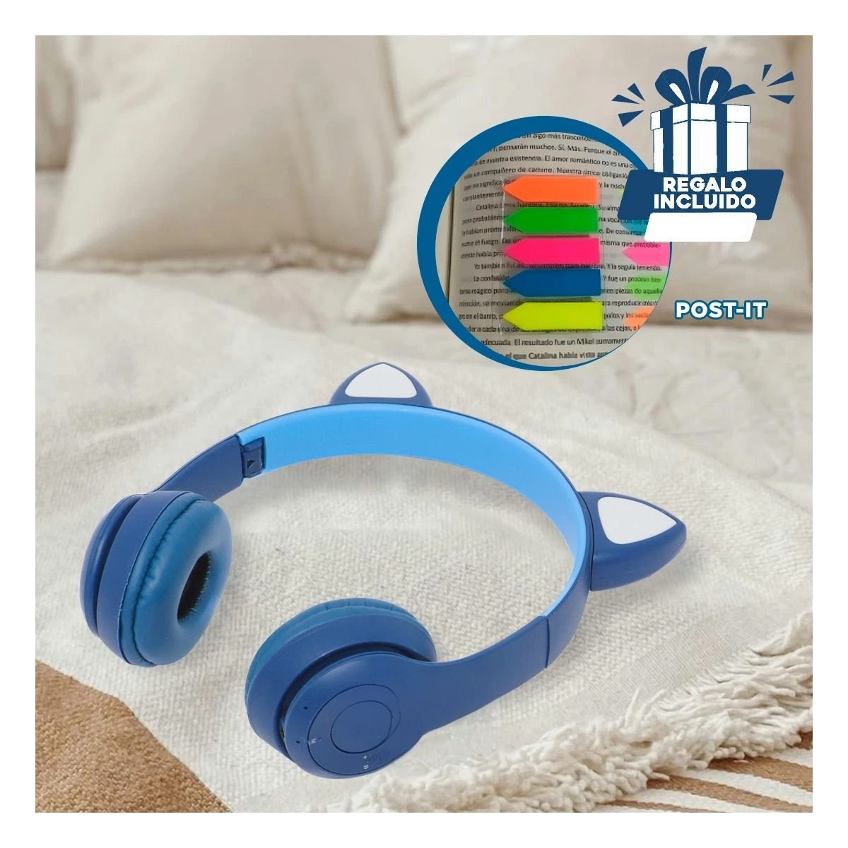 PACK12 HEADSET TIPO GATO CON LUCES COLOR AZUL PARA OFICINA Y USO DIARIO Y+REGALO STICKER - 1