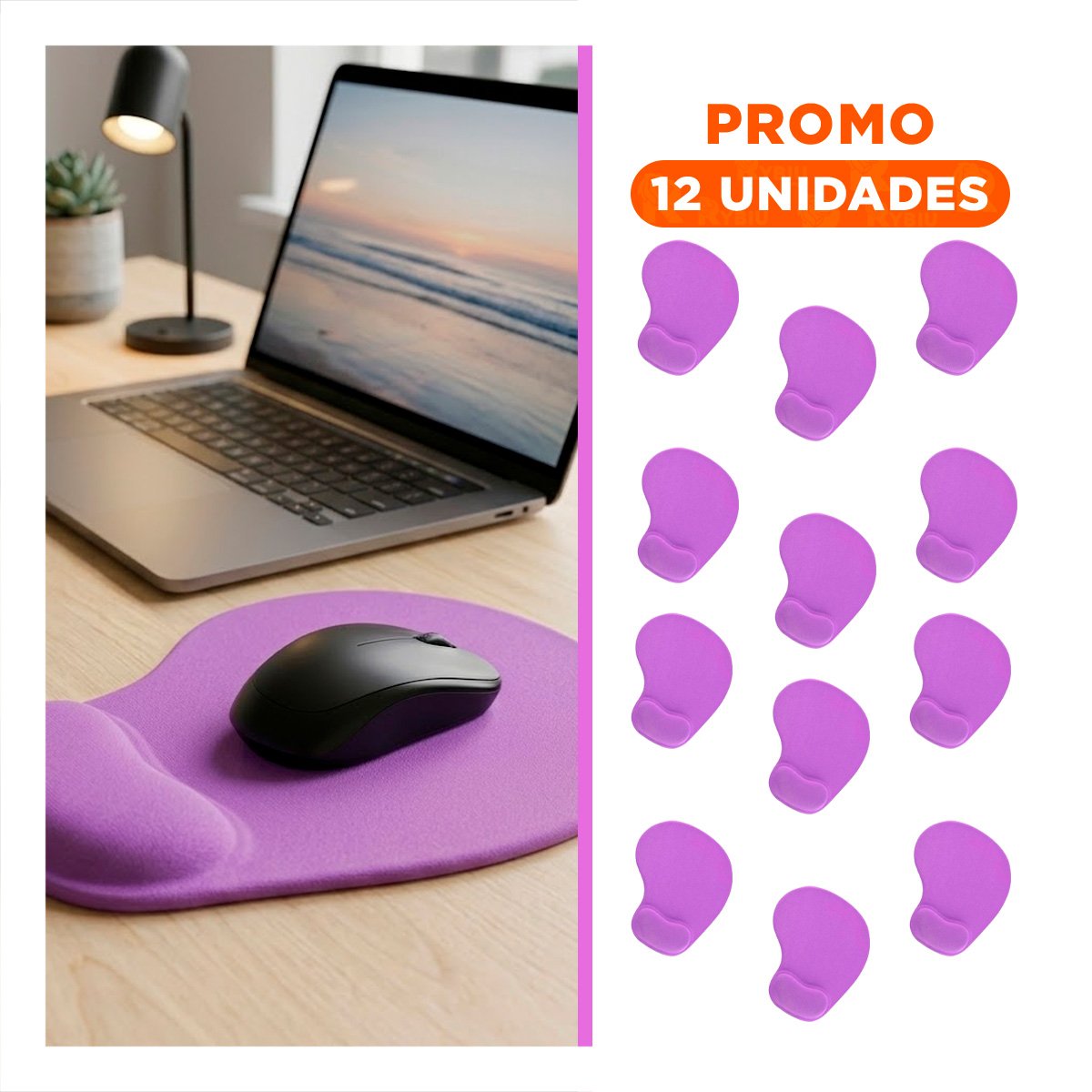 PACK12 MOUSE PAD GEL ERGONOMICO PARA USO EN HOGAR Y OFICINA COLOR LILA - 1