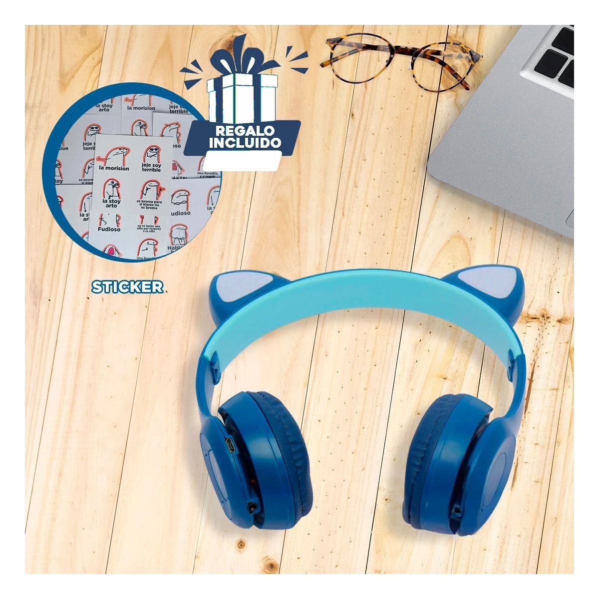 PACK12 AUDIFONOS TIPO GATO CON LUCES COLOR AZUL PARA COMPUTADORA Y OFICINA - 1