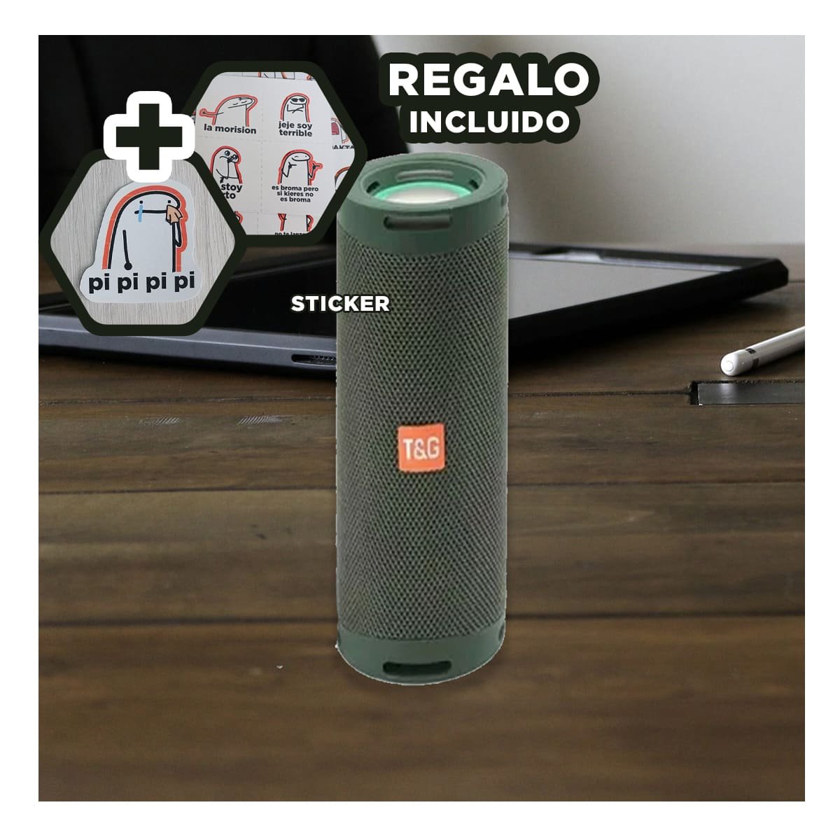BOCINA PORTATIL COLOR VERDE MILITAR CON SONIDO ESTEREO Y+REGALO STICKER - 1