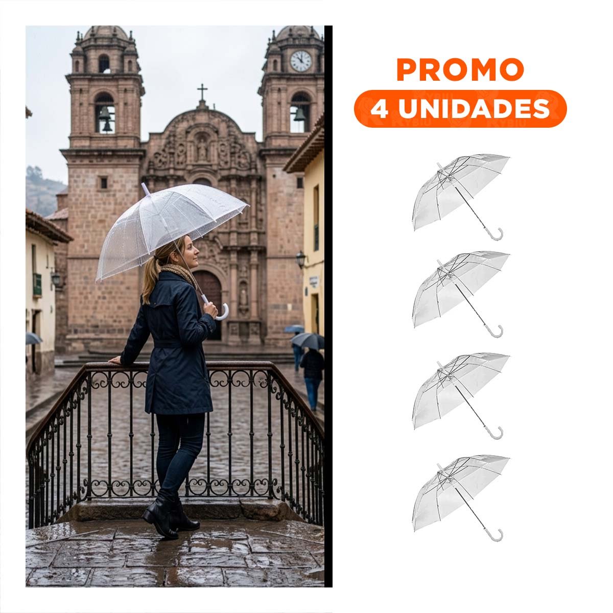 PACK4 PARASOL ELEGANTE TRANSPARENTE CON MANGO LARGO Y ACABADO NEGRO Y+REGALO STICKER - 1