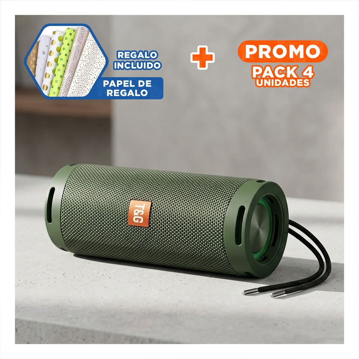 PACK4 ALTAVOZ PROFESIONAL COLOR VERDE MILITAR CON SONIDO POTENTE Y+PAPEL REGALO - 1