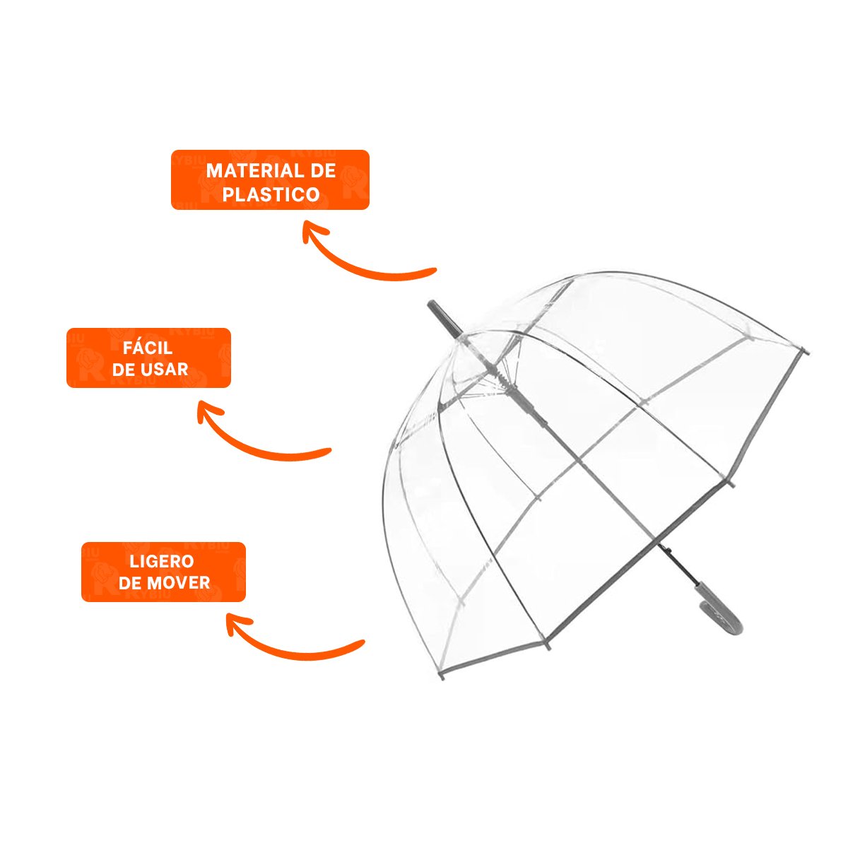 PARASOL CLASICO TRANSPARENTE CON MANGO LARGO Y MARCO NEGRO - 3