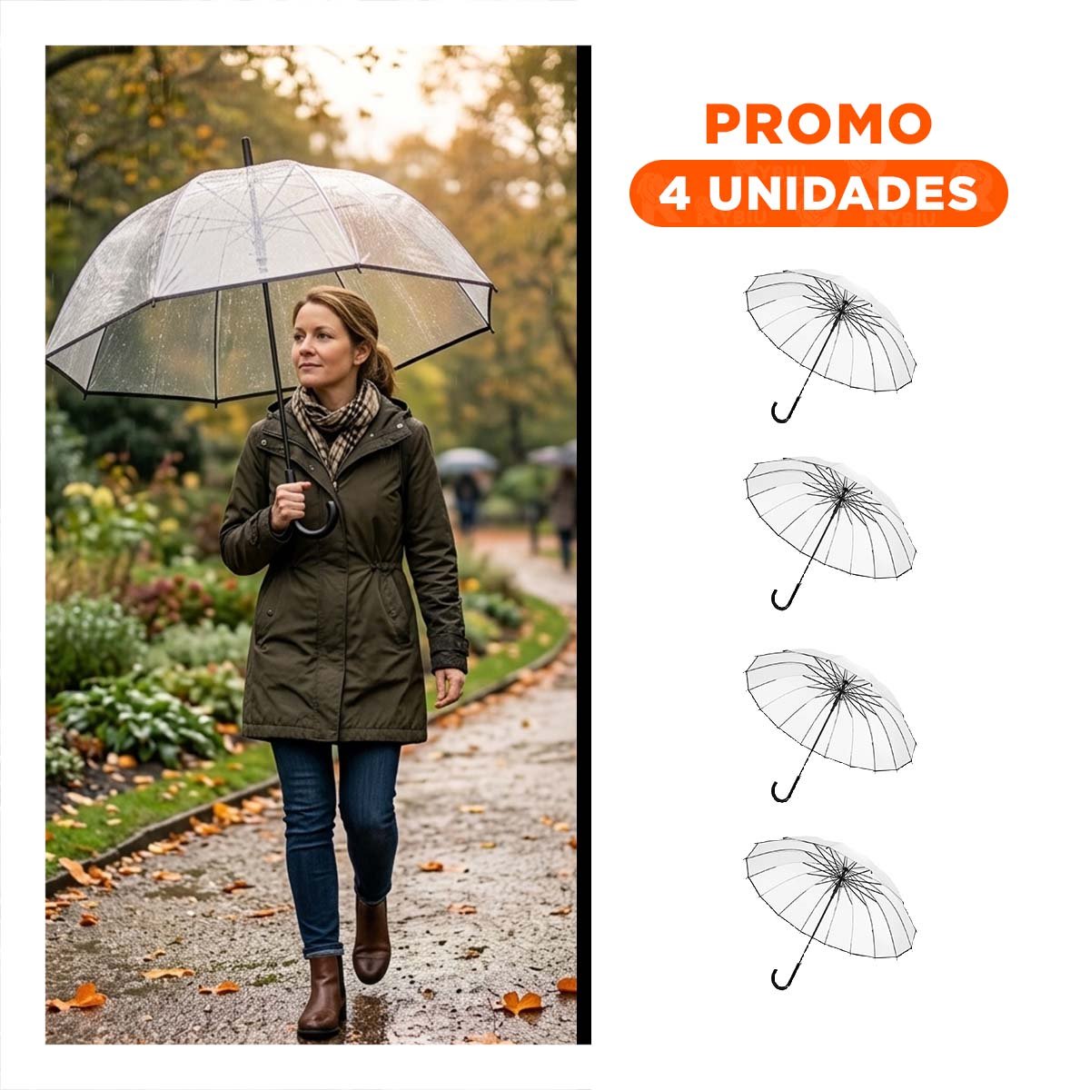PACK4 PARASOL URBANO CON MANGO LARGO TRANSPARENTE CON BORDE NEGRO FUNCIONAL Y+REGALO STICKER - 1