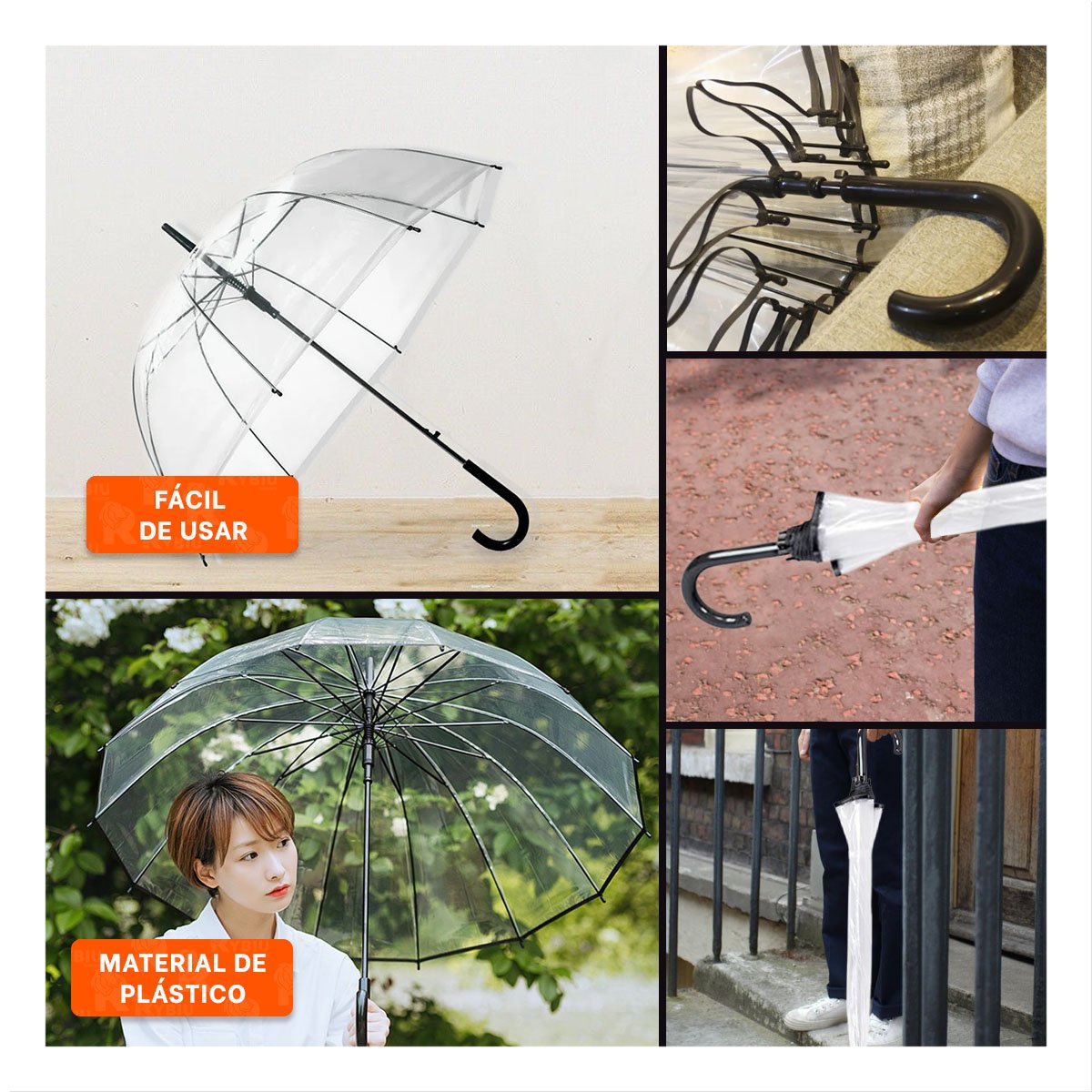 PACK4 PARASOL URBANO CON MANGO LARGO TRANSPARENTE CON BORDE NEGRO FUNCIONAL Y+REGALO STICKER - 2
