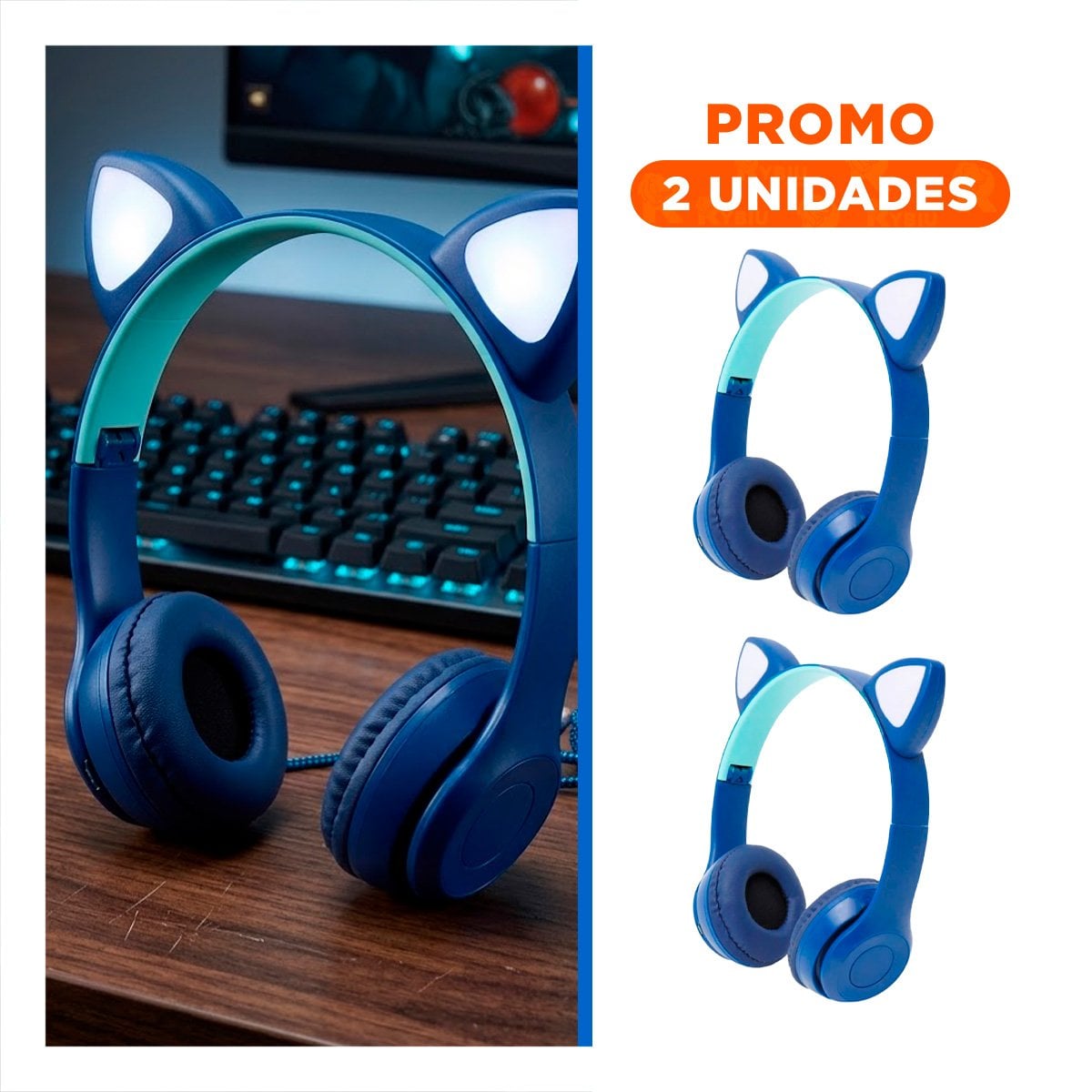 PACK4 AURICULARES TIPO GATO CON LUCES PARA COMPUTADORA Y JUEGOS AZUL Y+PAPEL REGALO - 1