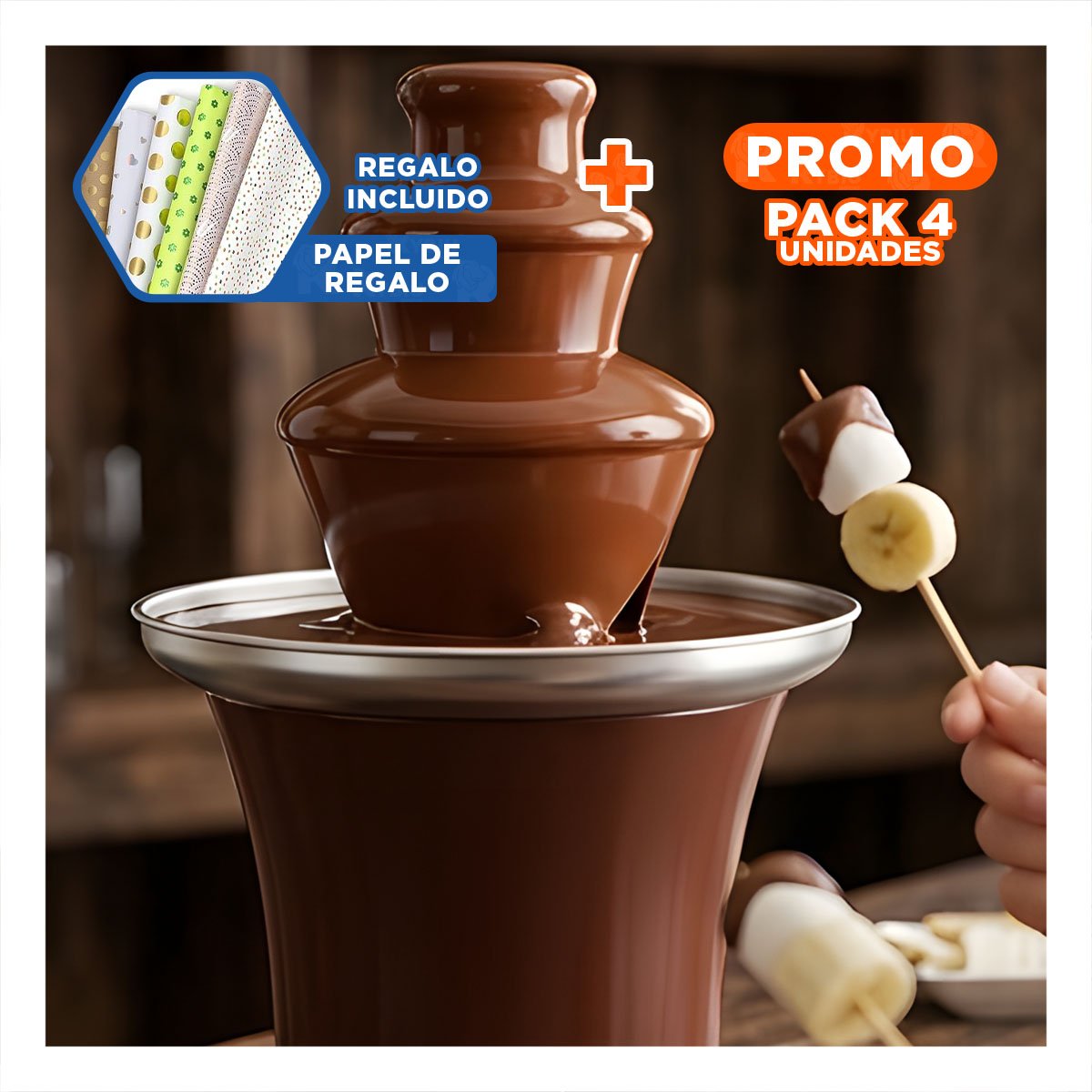 PACK4 FUENTE DE CHOCOLATE ELECTRICA MARRON CON 3 CAPAS PARA NOCHE DE FRUTAS Y+PAPEL REGALO - 1