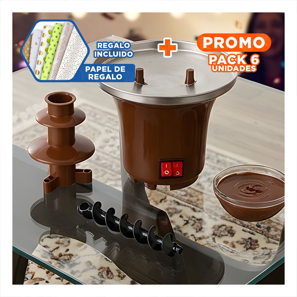 PACK6 APARATO DE 3 CAPAS ELECTRICO PARA CHOCOLATE MARRON DE RAPIDO MONTAJE Y+PAPEL REGALO - 1