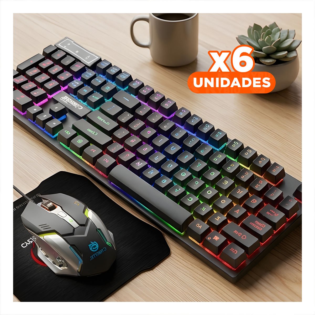 PACK6 SET GAMER PARA COMPUTADORA CON TECLADO MOUSE Y MOUSE PAD NEGRO SETUP Y+REGALO STICKER - 1