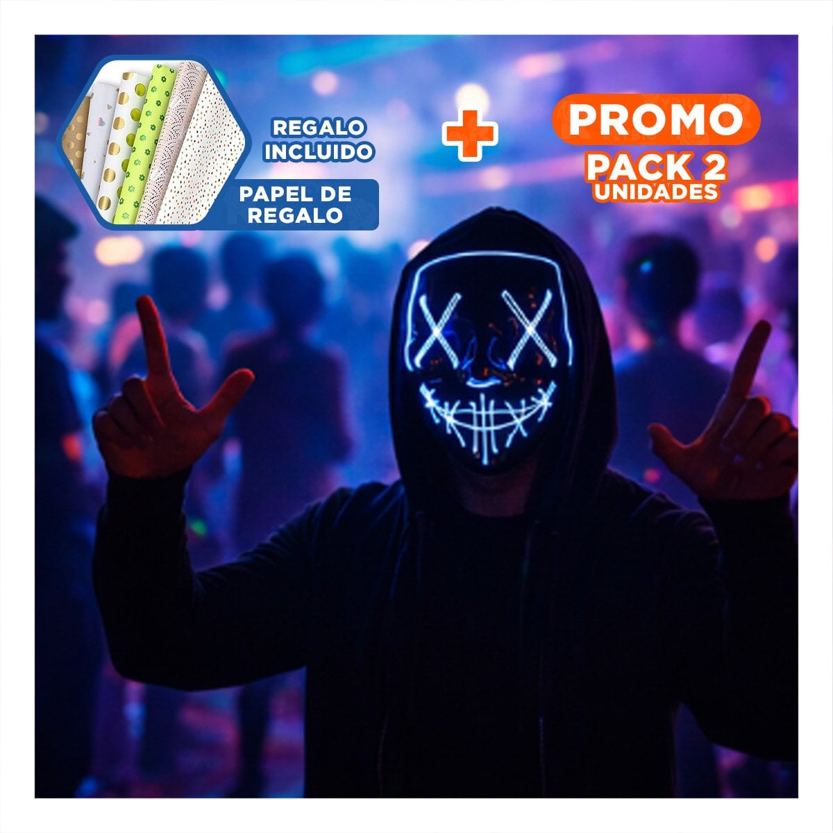PACK2 ROSTRO LUMINOSO AZUL PARA HALLOWEEN CON LED NEON Y+PAPEL REGALO - 1