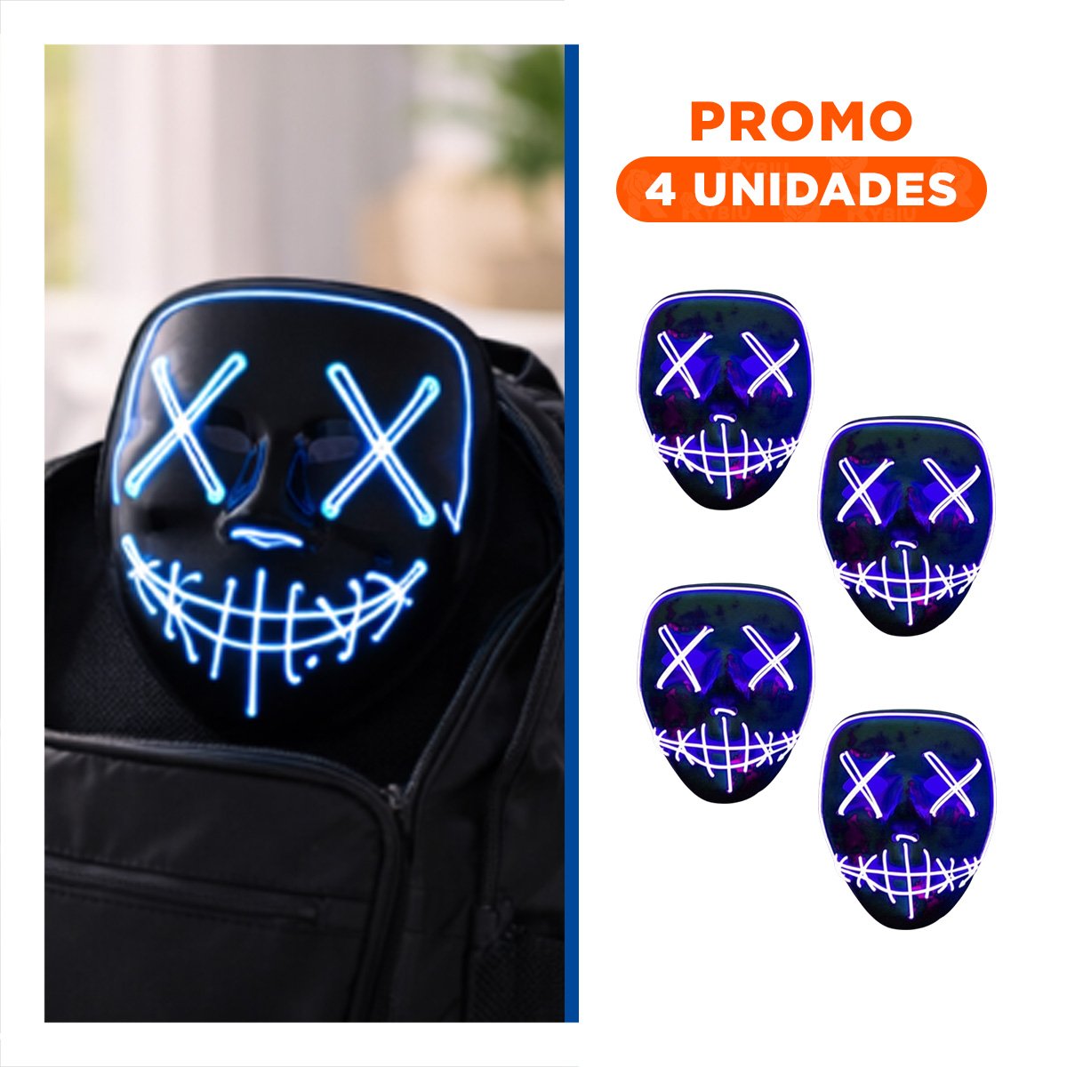 PACK4 ANTIFAZ DISFRAZ AZUL CON LUCES LED NEON HALLOWEEN Y+REGALO STICKER - 1