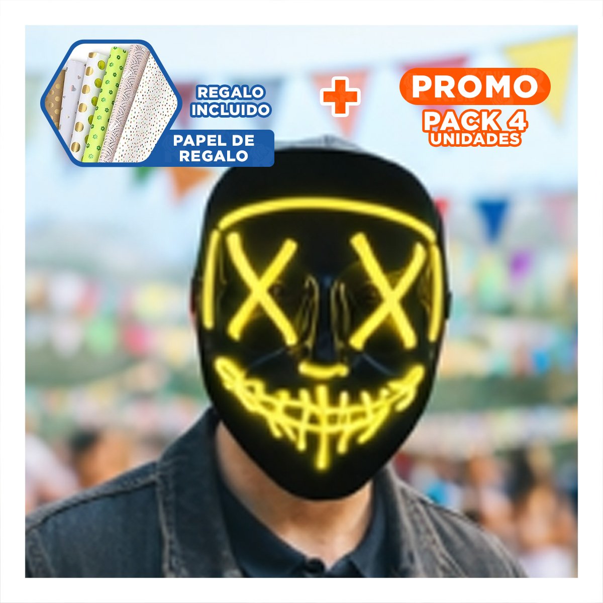 PACK4 CARETA DISFRAZ AMARILLO CON LUCES LED NEON HALLOWEEN Y+PAPEL REGALO - 1