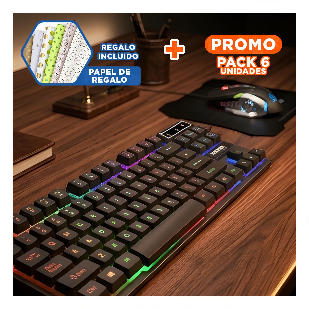 PACK6 PACK GAMER COMPLETO COLOR NEGRO CON TECLADO MOUSE Y MOUSE PAD PARA PC Y+PAPEL REGALO - 1