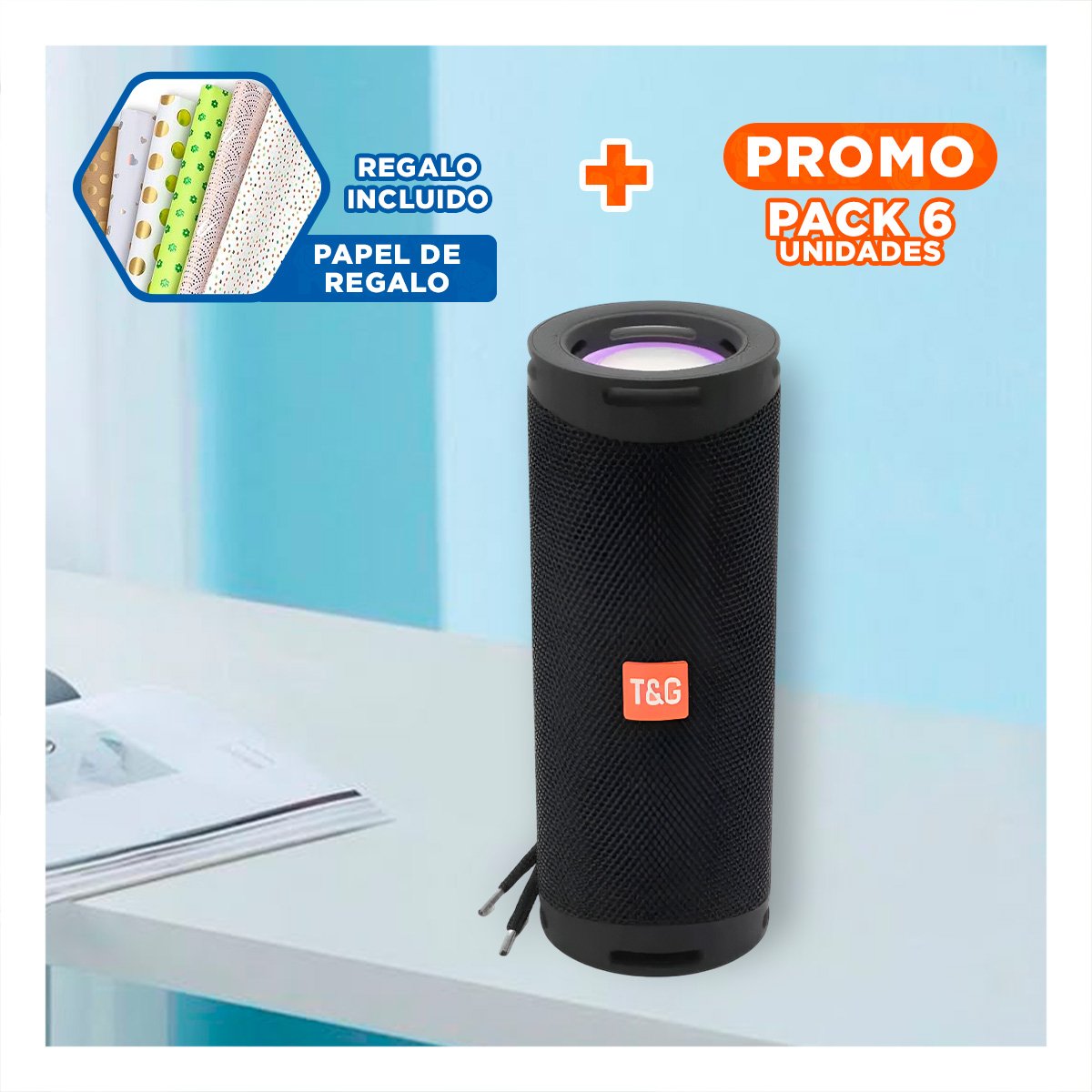 PACK6 ALTAVOZ MOVIL NEGRO CON SONIDO ESTEREO Y FUNCIONAMIENTO SENCILLO Y+PAPEL REGALO - 1