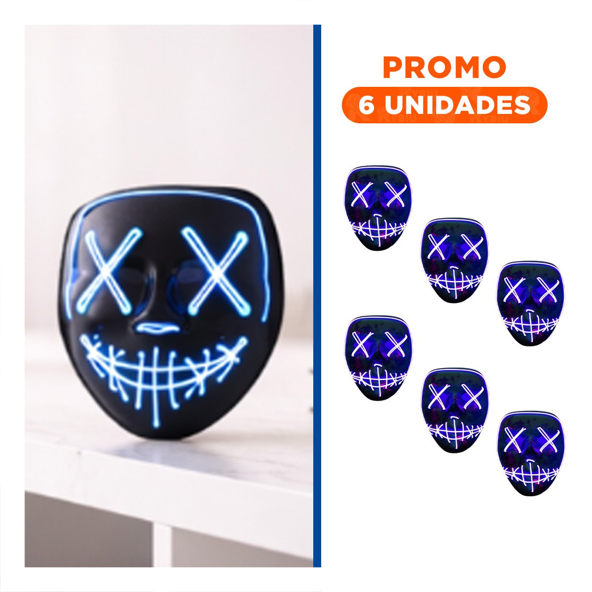 PACK6 ROSTRO DISFRAZ AZUL CON LUCES LED NEON HALLOWEEN - 1