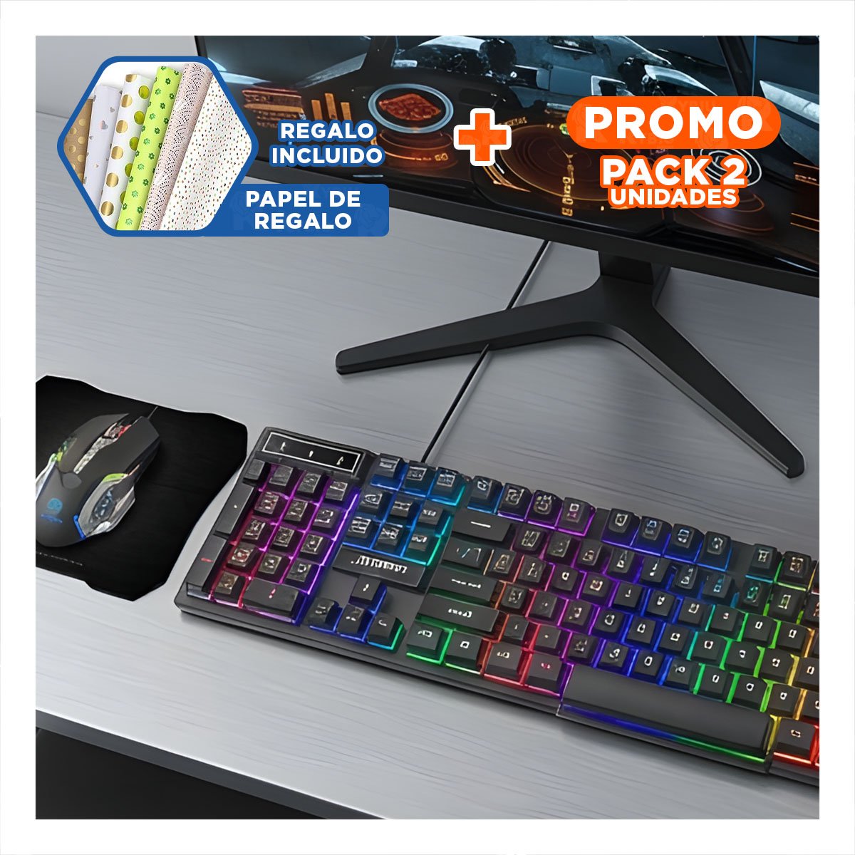 PACK2 SET GAMING CON TECLADO MOUSE COLOR NEGRO Y MOUSE PAD PARA COMPUTADORA Y+PAPEL REGALO - 1