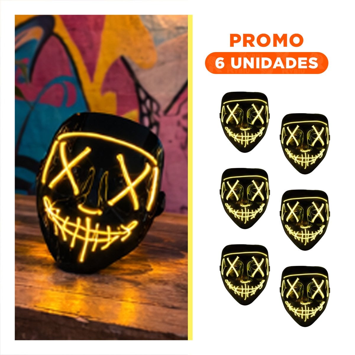 PACK6 ROSTRO DISFRAZ AMARILLO CON LUCES LED NEON HALLOWEEN - 1