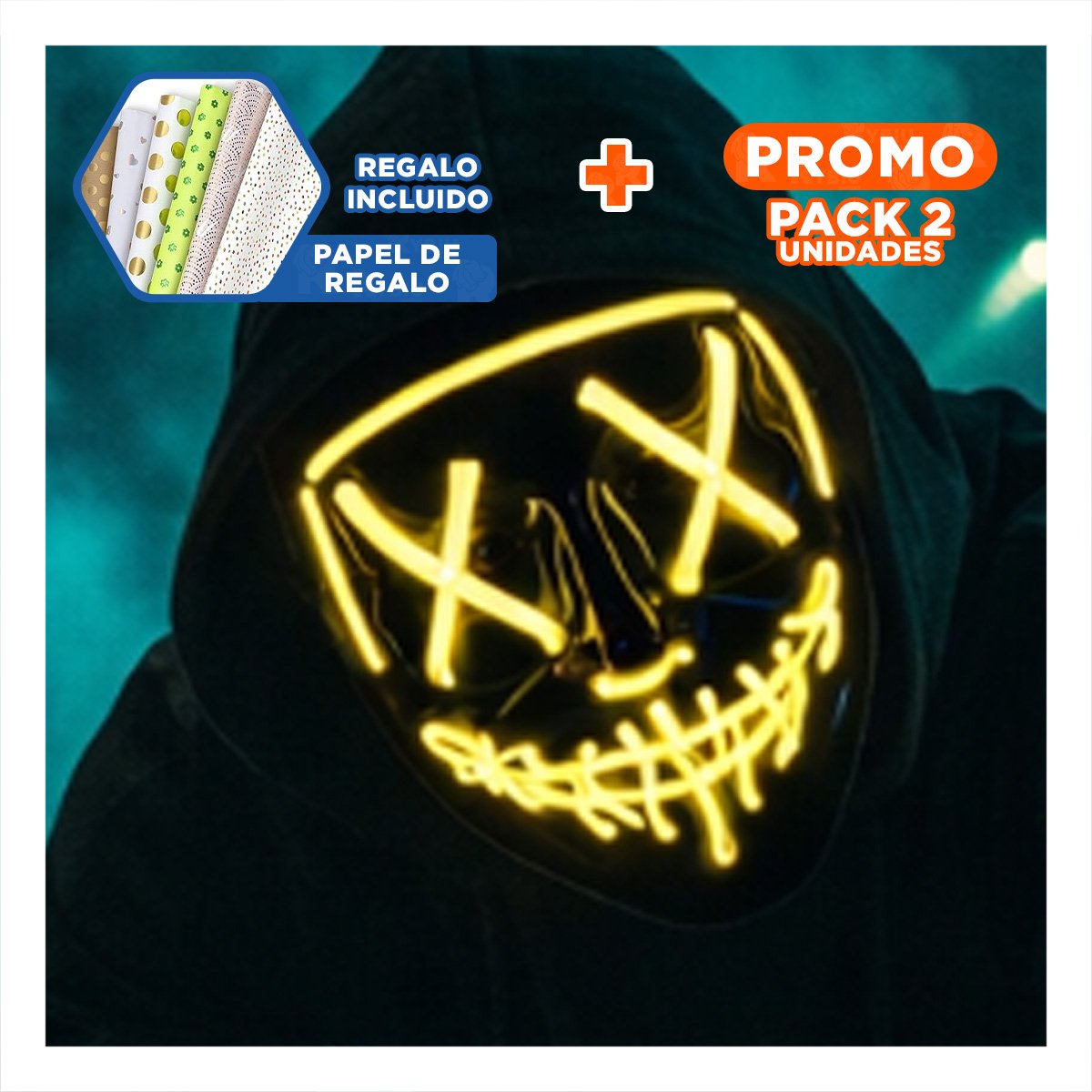 PACK2 ROSTRO LUMINOSO AMARILLO PARA HALLOWEEN CON LED NEON Y+PAPEL REGALO - 1