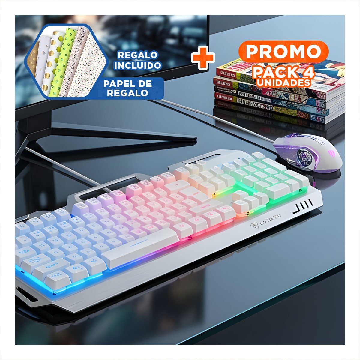 PACK4 TECLADO ILUMINADO GAMER CON MOUSE LUZ LED RGB BLANCO PARA COMPUTADORA - 1
