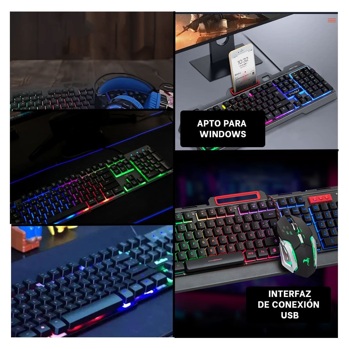 TECLADO ERGONOMICO GAMER CON MOUSE LUZ LED RGB COLOR NEGRO PARA COMPUTADORA Y+POST IT - 1