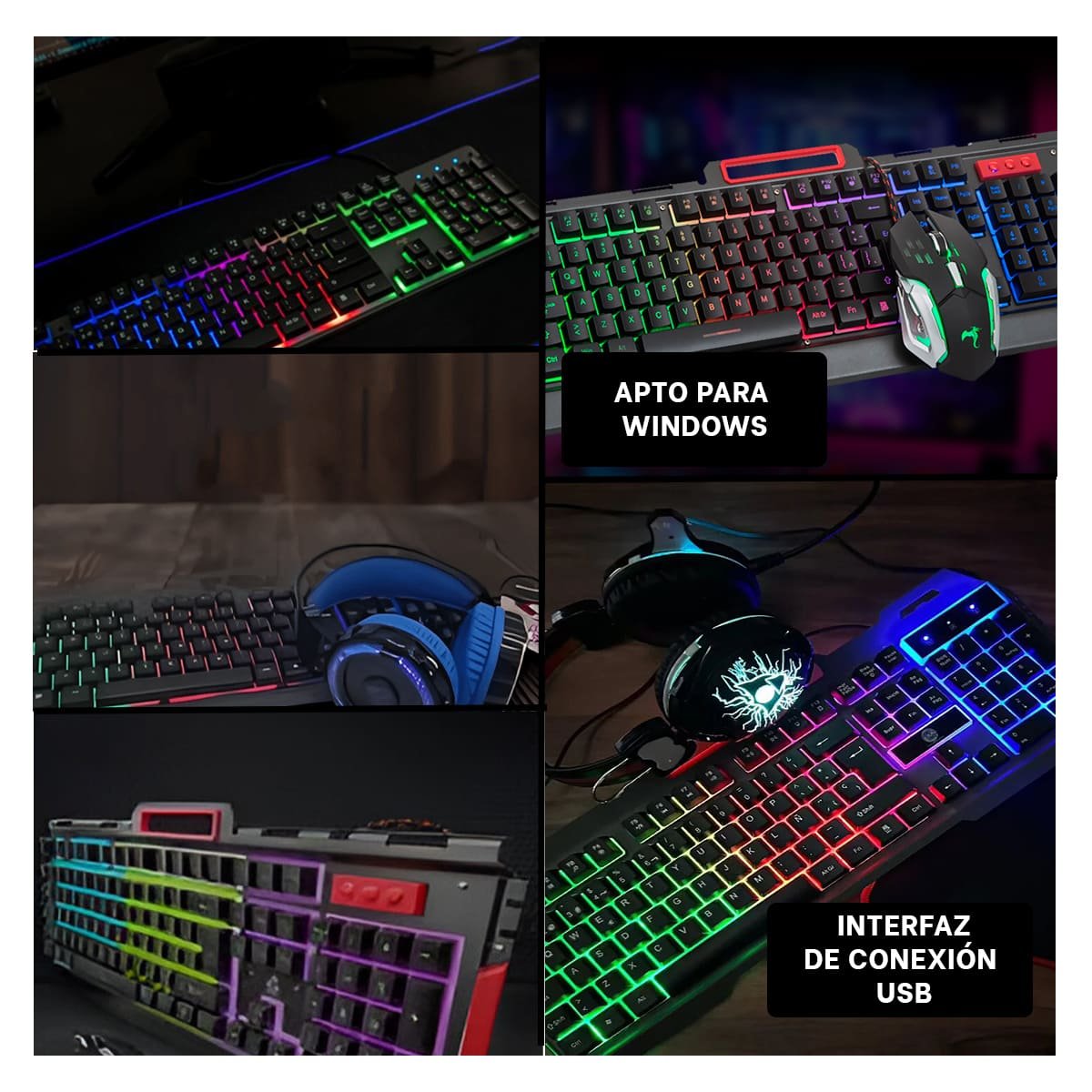 TECLADO ERGONOMICO GAMER CON MOUSE LUZ LED RGB COLOR NEGRO PARA COMPUTADORA Y+POST IT - 2